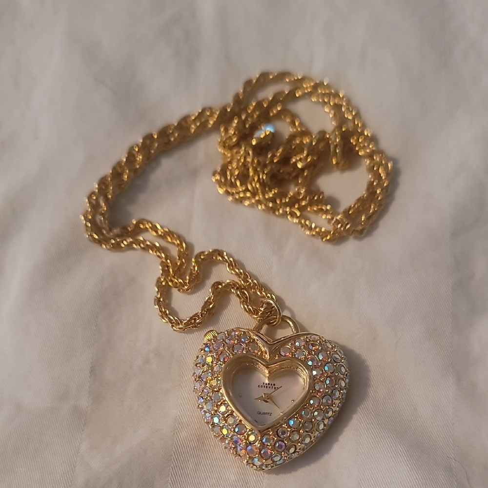 Vintage Sarah Coventry Heart Watch‎ Necklace Pendant  Goldtone AB Rhinestones